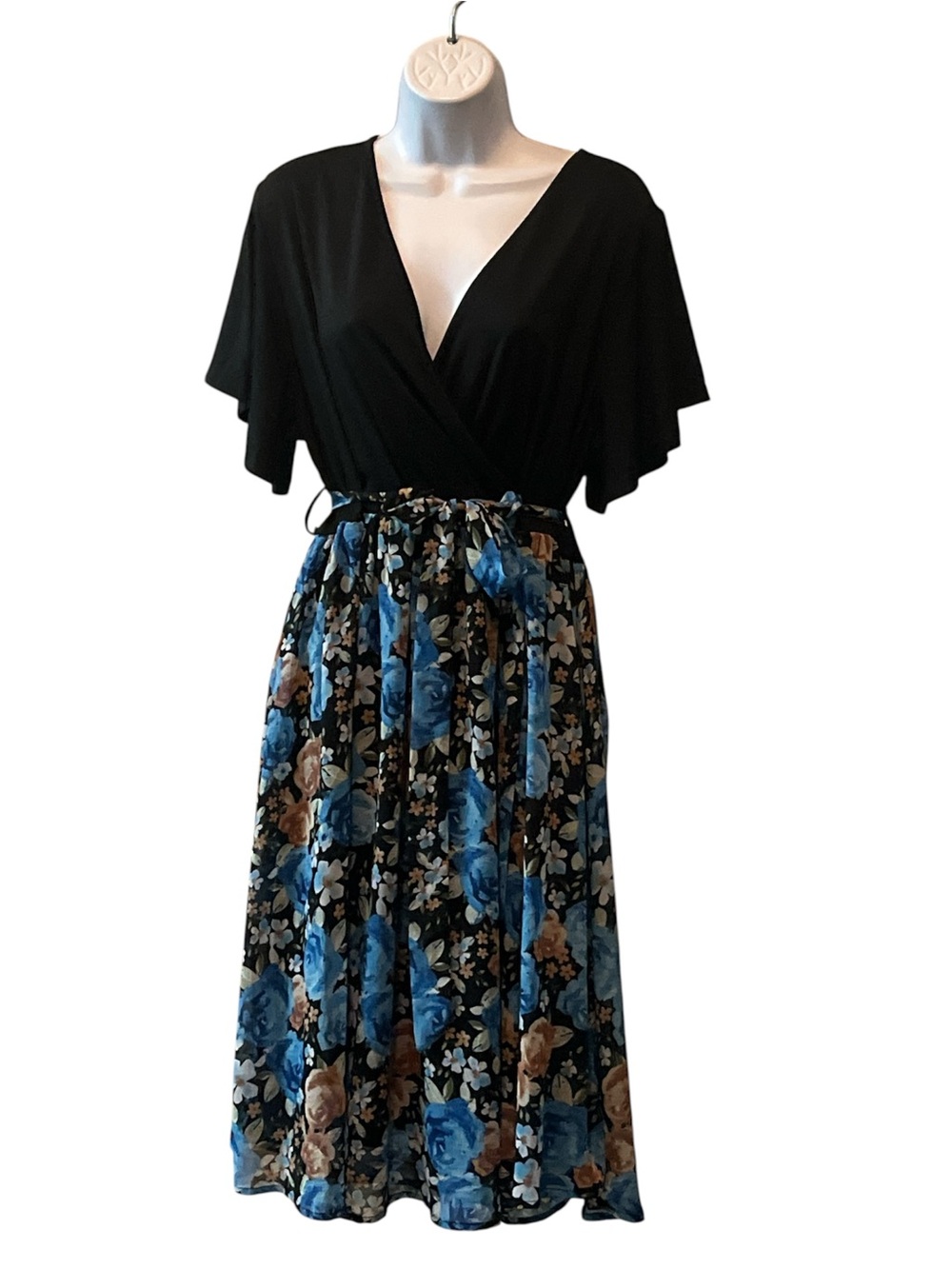 Black & Blue Floral Midi Wrap Dress with Tie Waist